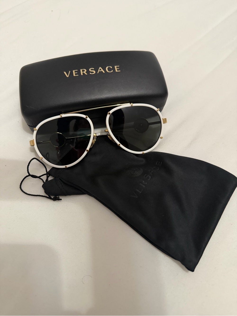 Versace Men's White and Gold Pilot Sunglasses with Dark Lenses